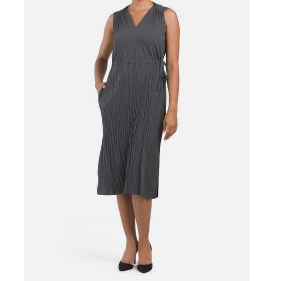 Vince Pleated Tie Sleeveless Slate Blue Gray Midi Dress Size Medium - Picture 1 of 9